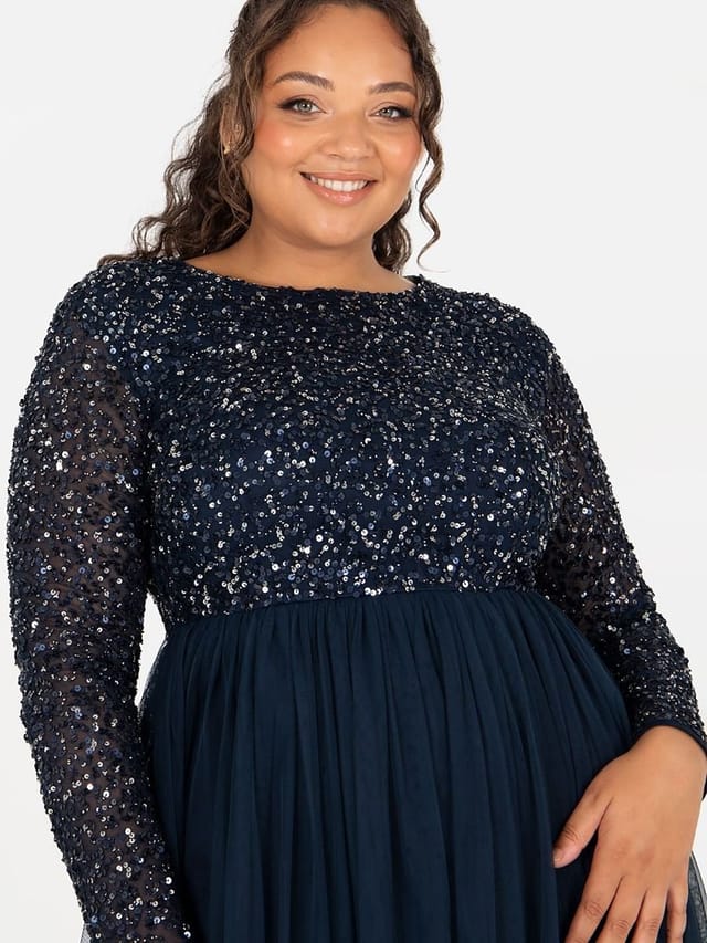 Maya Deluxe Maya Deluxe Women's Embellished Long Sleeve Maxi Dress in Dark Navy - 3