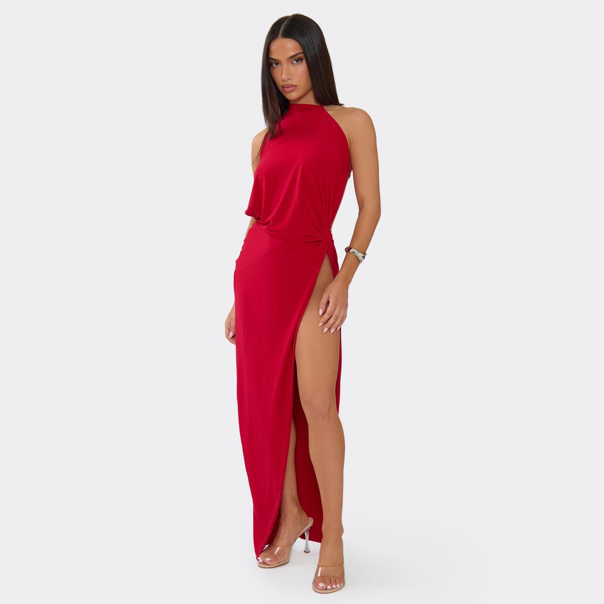 EGO High Neck Open Back Knot Detail Side Split Maxi Dress In Red, Women's Size UK 6