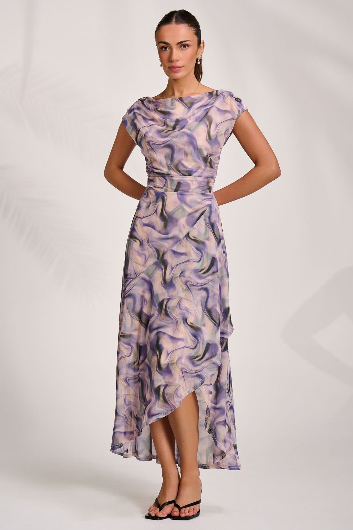 Jolie Moi Jolie Moi Women's Asymmetric Draped Mesh Maxi Dress in Purple
