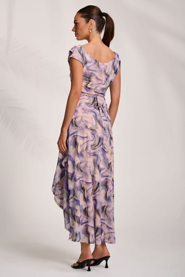 Jolie Moi Jolie Moi Women's Asymmetric Draped Mesh Maxi Dress in Purple - 2