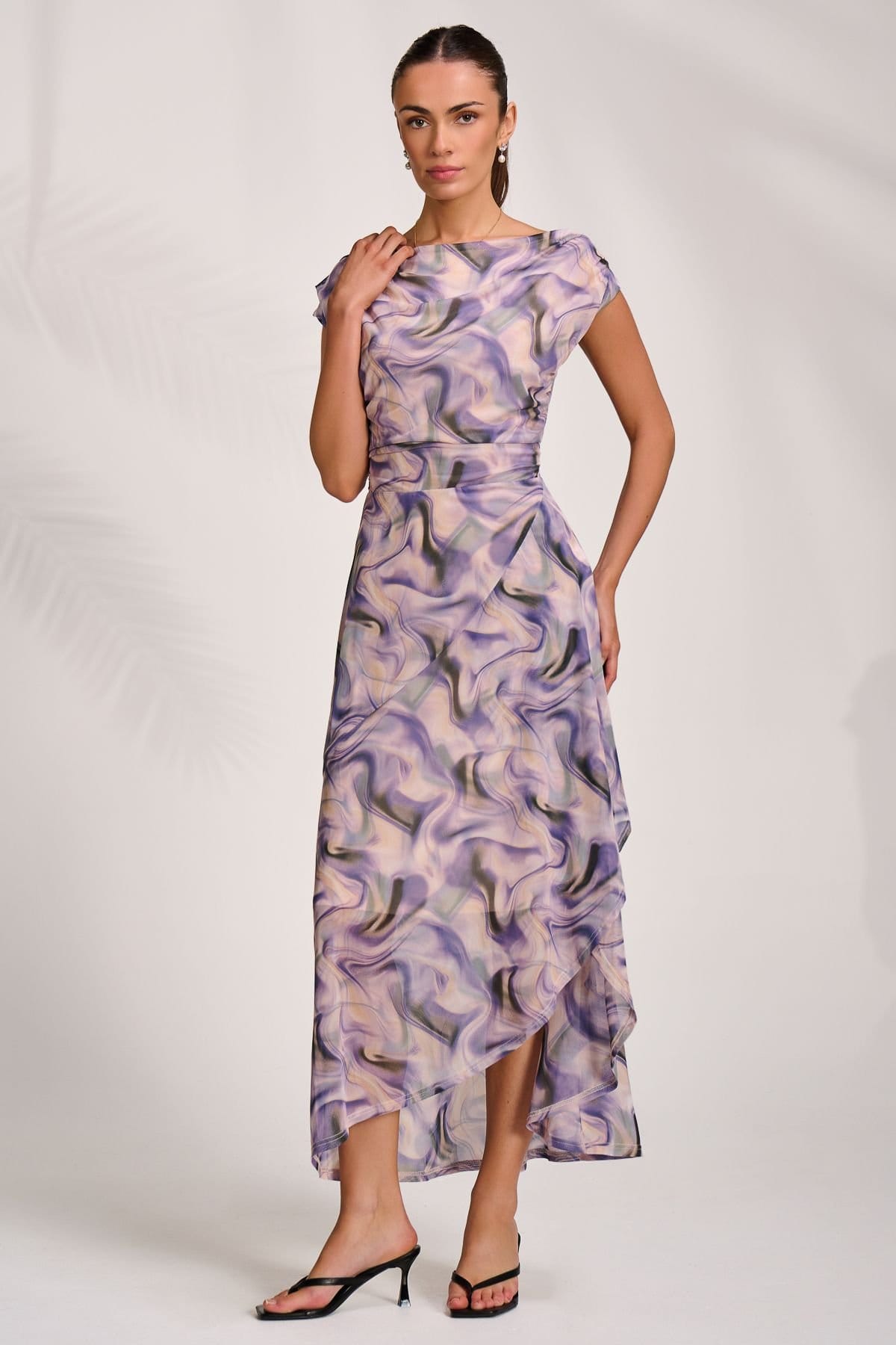 Jolie Moi Jolie Moi Women's Asymmetric Draped Mesh Maxi Dress in Purple - 4