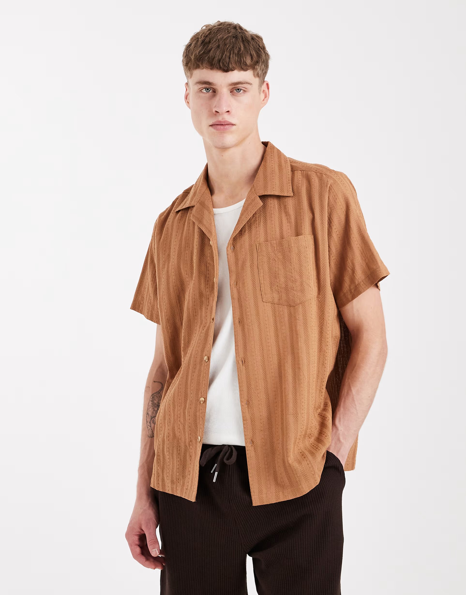 ASOS Sol Beach textured beach shirt in light brown - 1
