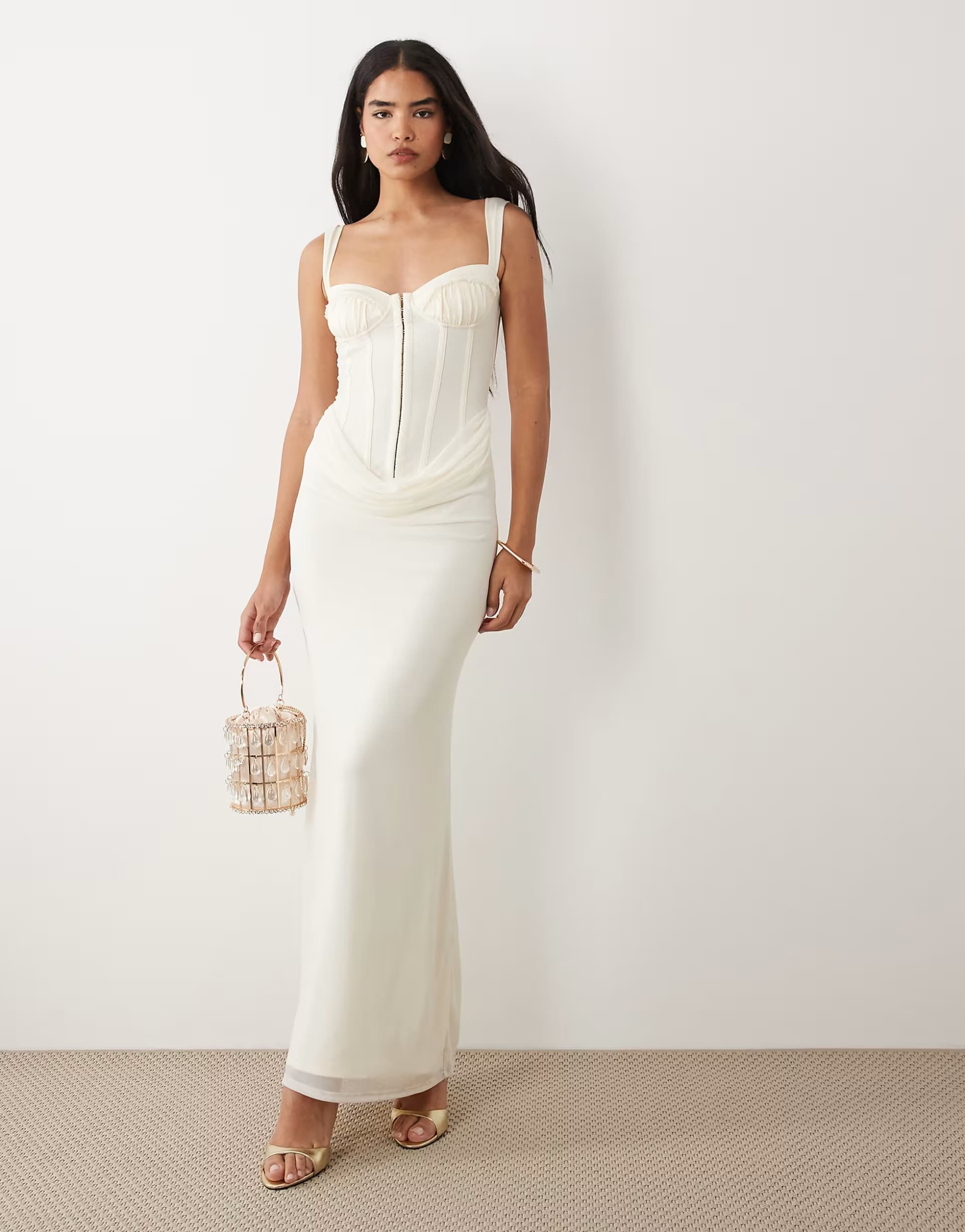 ASOS Tiger Mist Ginny sheer lace up corset thigh split maxi dress in off white