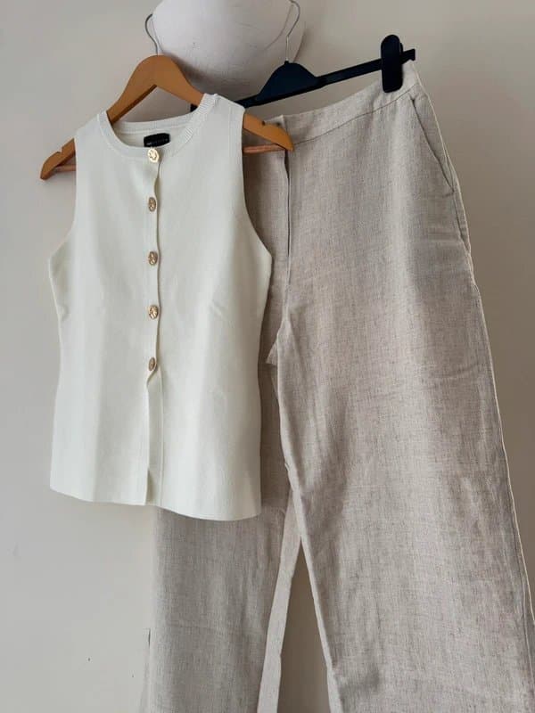 ASOS Design ASOS Knit Top & Linen Blend Wide Leg Trousers Co-Ord Set UK 10 🤍 women’s smart casual outfit