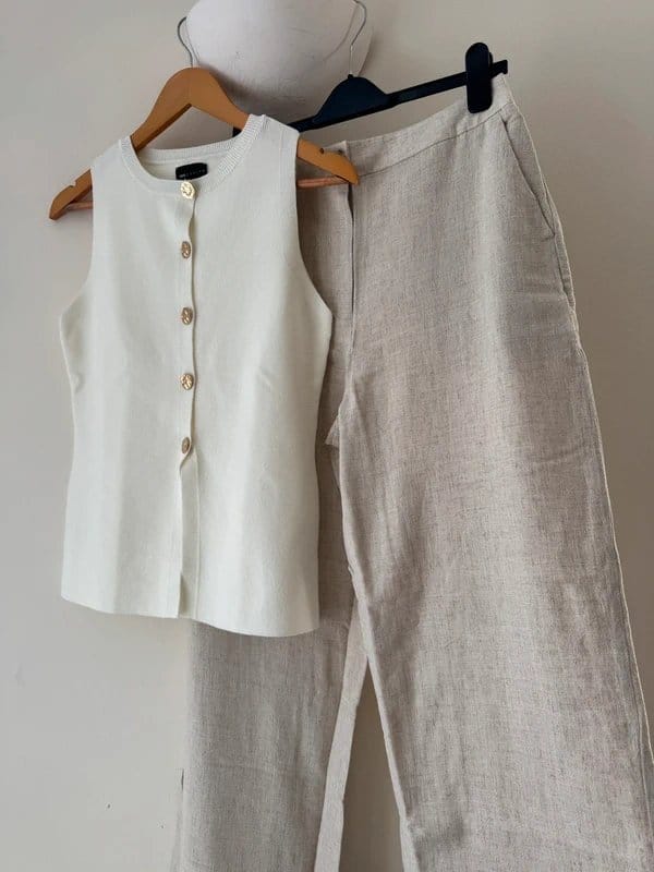 ASOS Cream Knit Top & Beige Linen Trousers Co-Ord Set