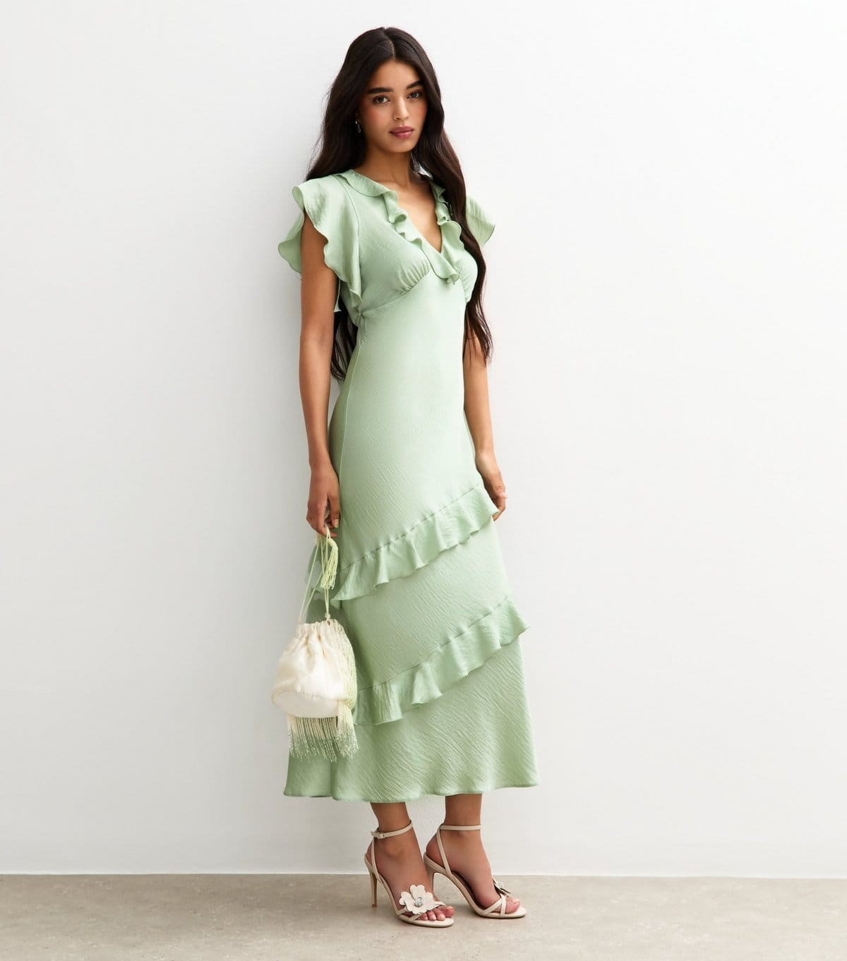 New Look Light Green Satin Ruffled Midi Dress