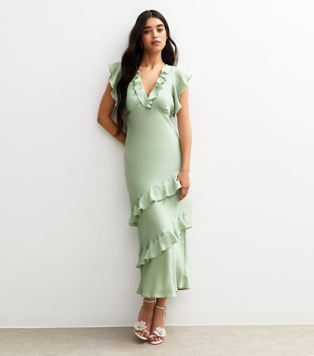 New Look Women's Green Satin Ruffled Midi Dress New Look - 3