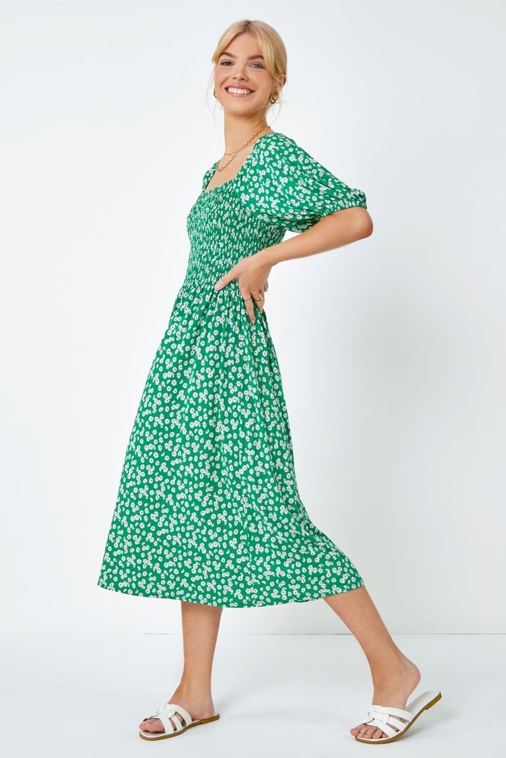 Dusk Green Floral Print Shirred Dress