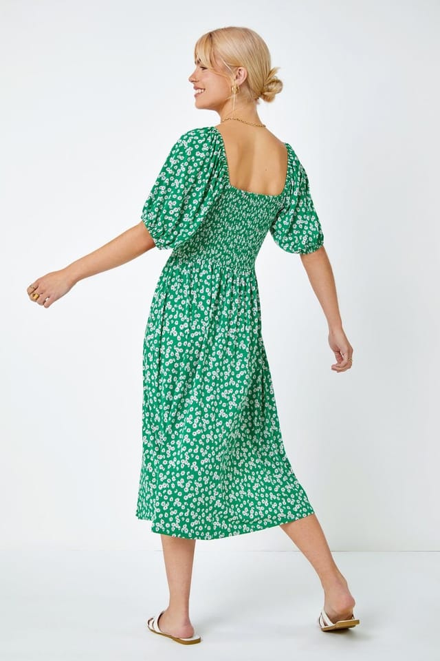 Dusk Dusk Women's Ditsy Floral Print Shirred Dress in Green - 3