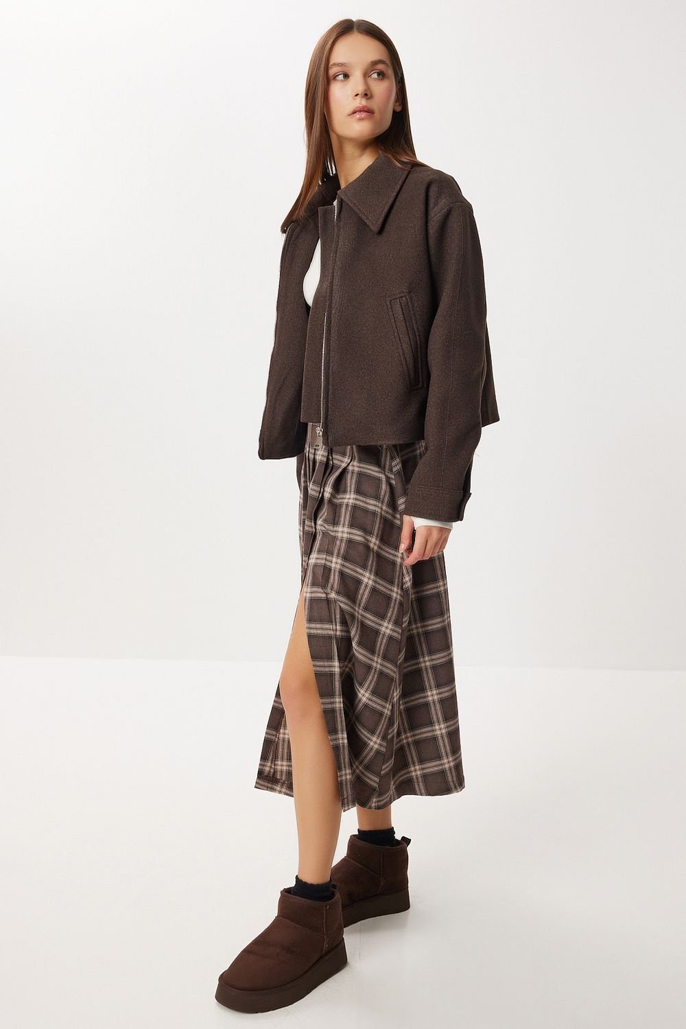 Happiness Istanbul Happiness Istanbul Women's Belt Detailed High Waist Long Plaid Skirt in Light Brown - 3