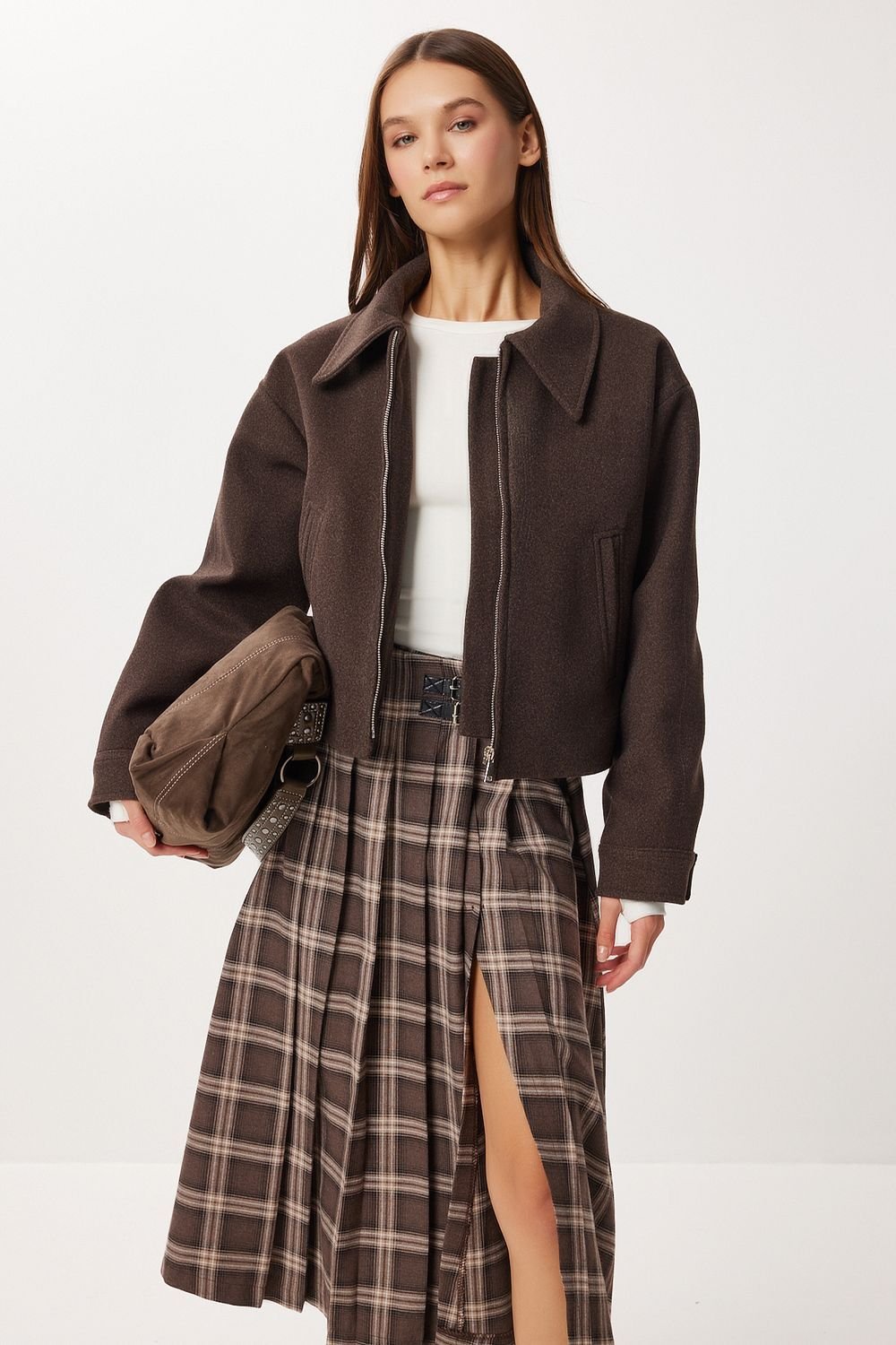 Happiness Istanbul Happiness Istanbul Women's Belt Detailed High Waist Long Plaid Skirt in Light Brown - 4