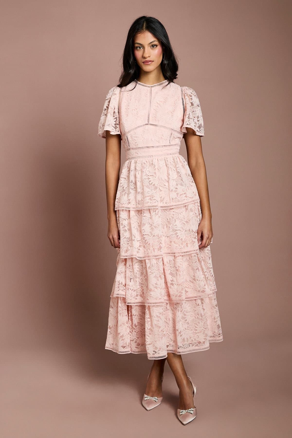 Coast Coast Women's Petite Tiered Lace Dress With Flutter Sleeve & Trims in Blush