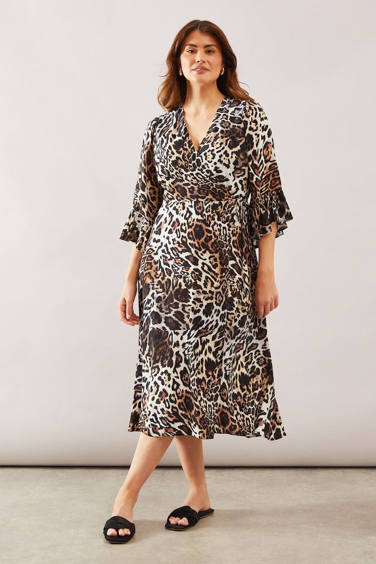 Wallis Wallis Women's Leopard Wrap Ruffle Midi Dress in Natural