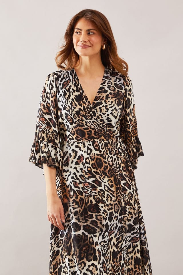 Wallis Wallis Women's Leopard Wrap Ruffle Midi Dress in Natural - 2
