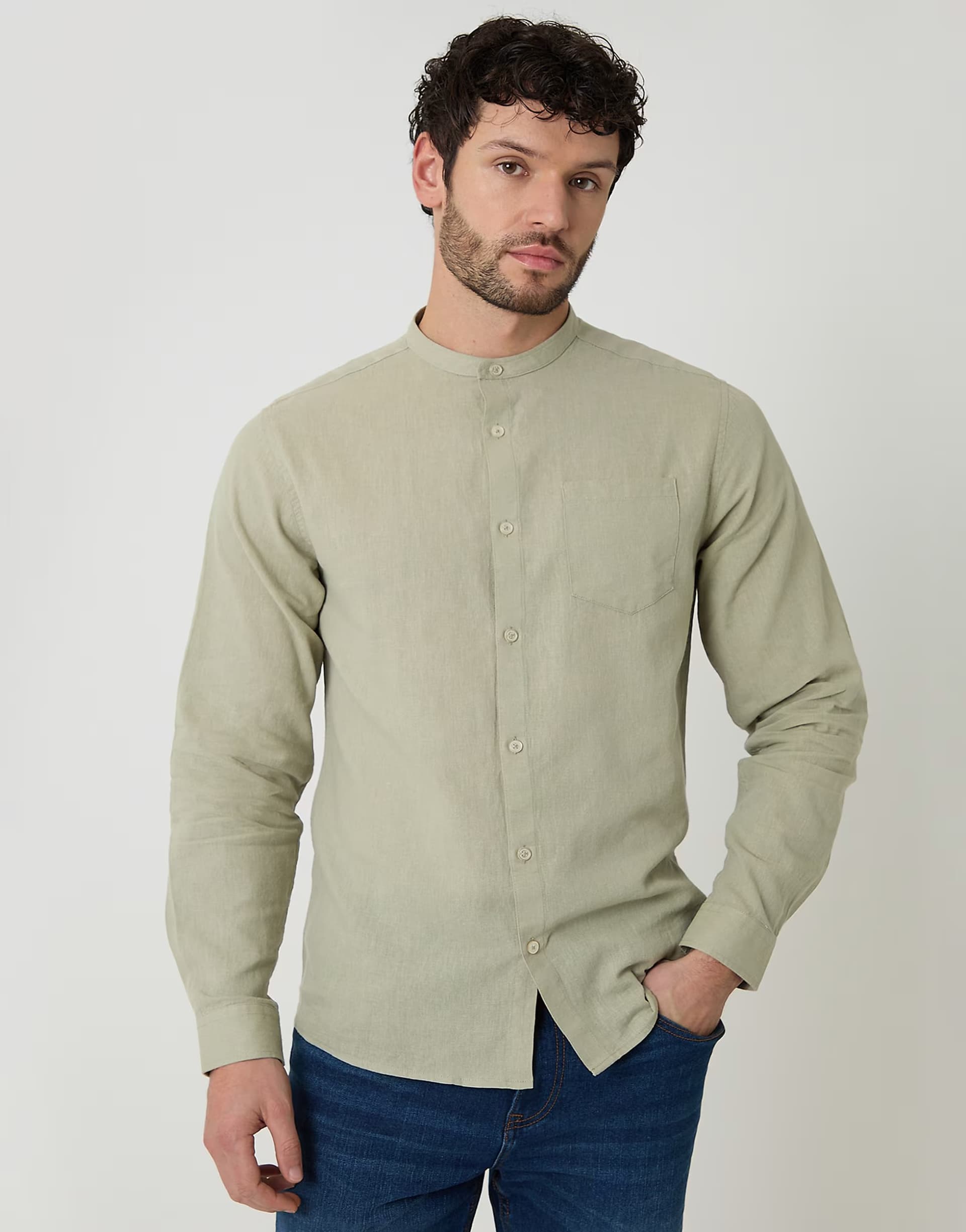 ASOS Threadbare Linen blend long sleeve grandad collar shirt in pale green