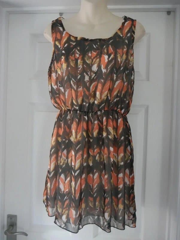 Carbon Chiffon Summer Dress New Ladies Size 12 Carbon Brown Orange Leaf TeaDress Skater