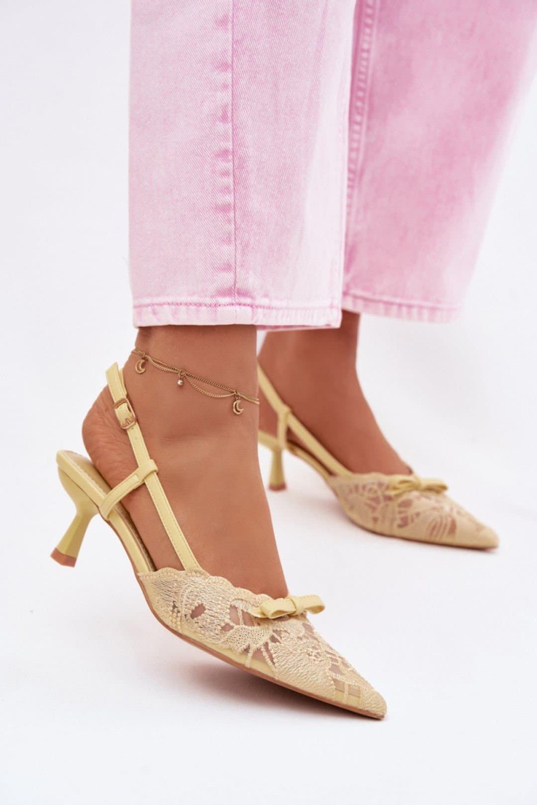 Love Lace Love Lace Women's Lace Bow Low Heel Sandals in Yellow