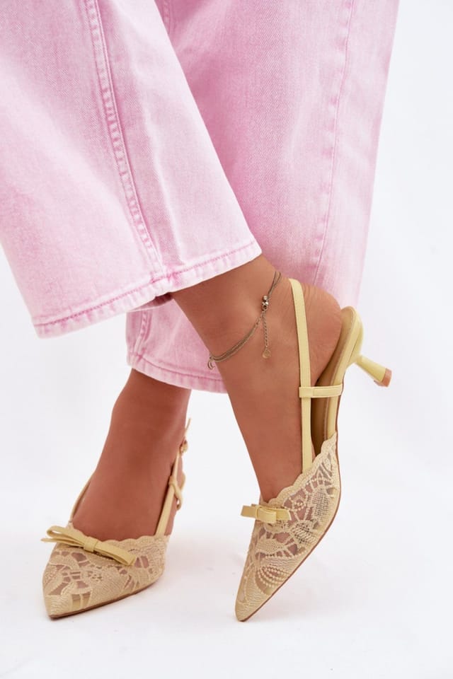 Love Lace Love Lace Women's Lace Bow Low Heel Sandals for Wedding Special Ceremonies in Yellow - 3