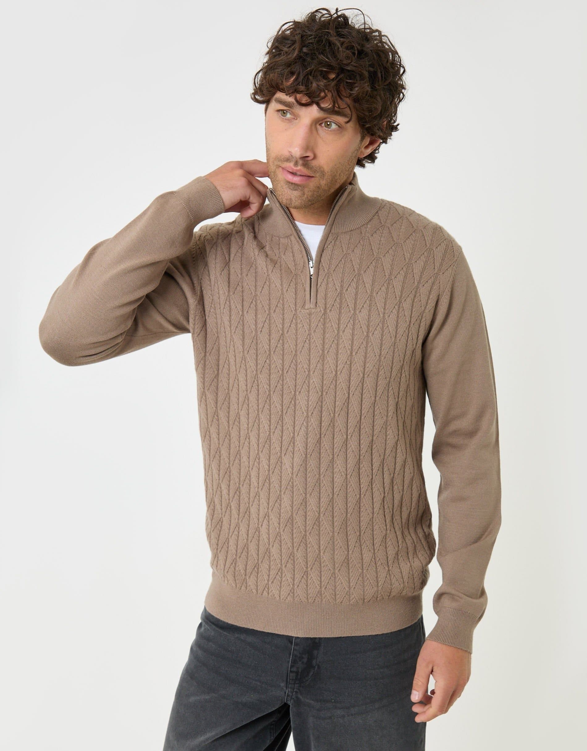 Threadbare threadbare Men's Diamond Cable Knit Quarter Zip Jumper in Brown