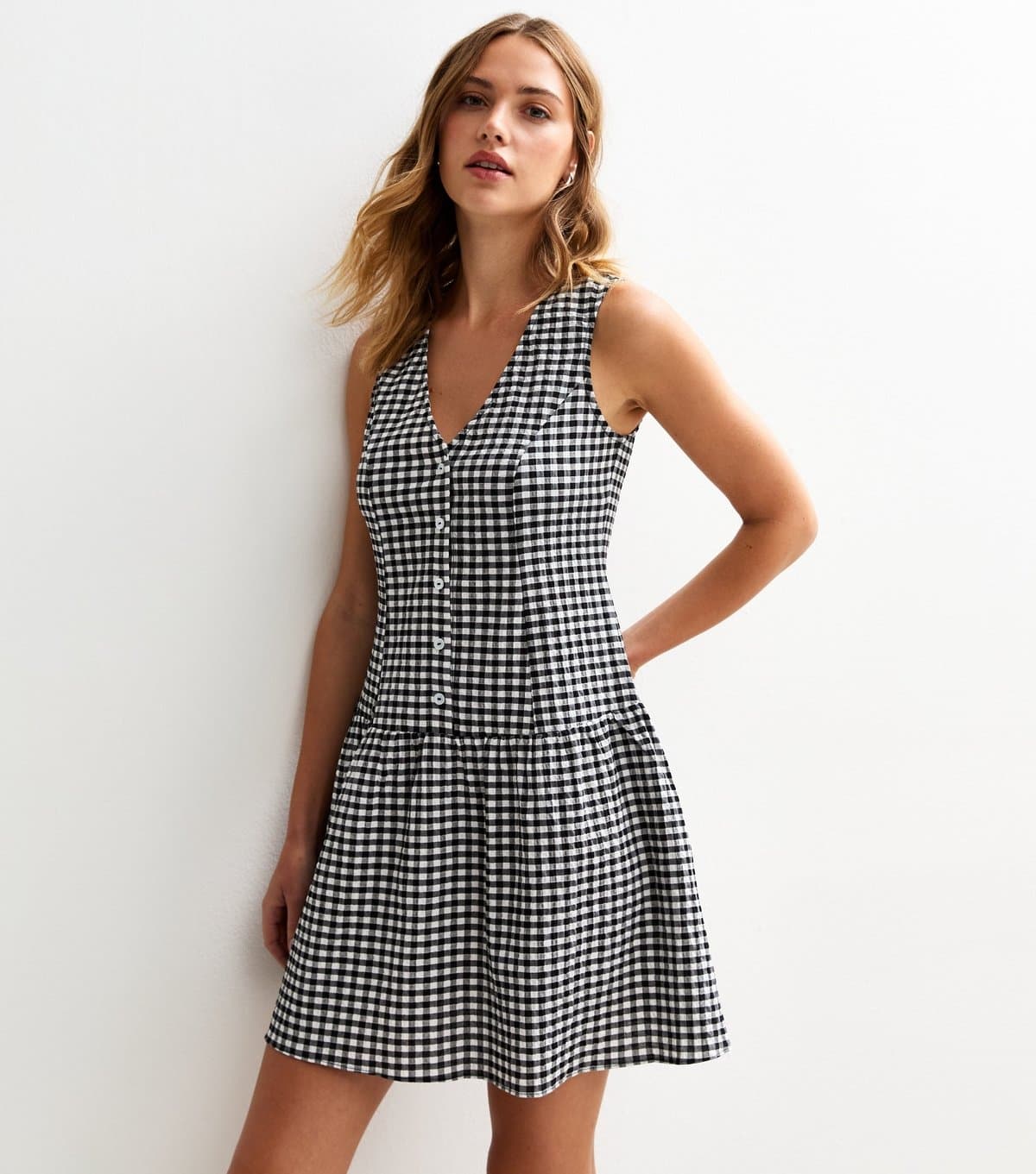 New Look Women's Black Gingham V-Neck Button Up Mini Dress New Look