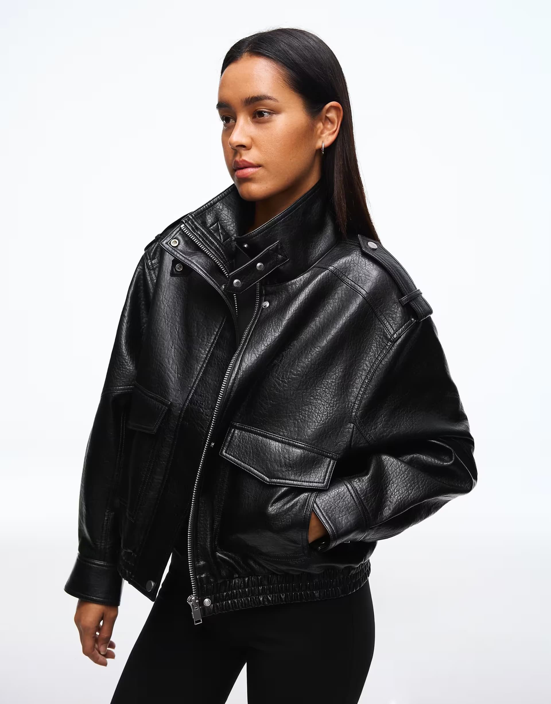 ASOS Bershka Leather effect funnel neck jacket in black