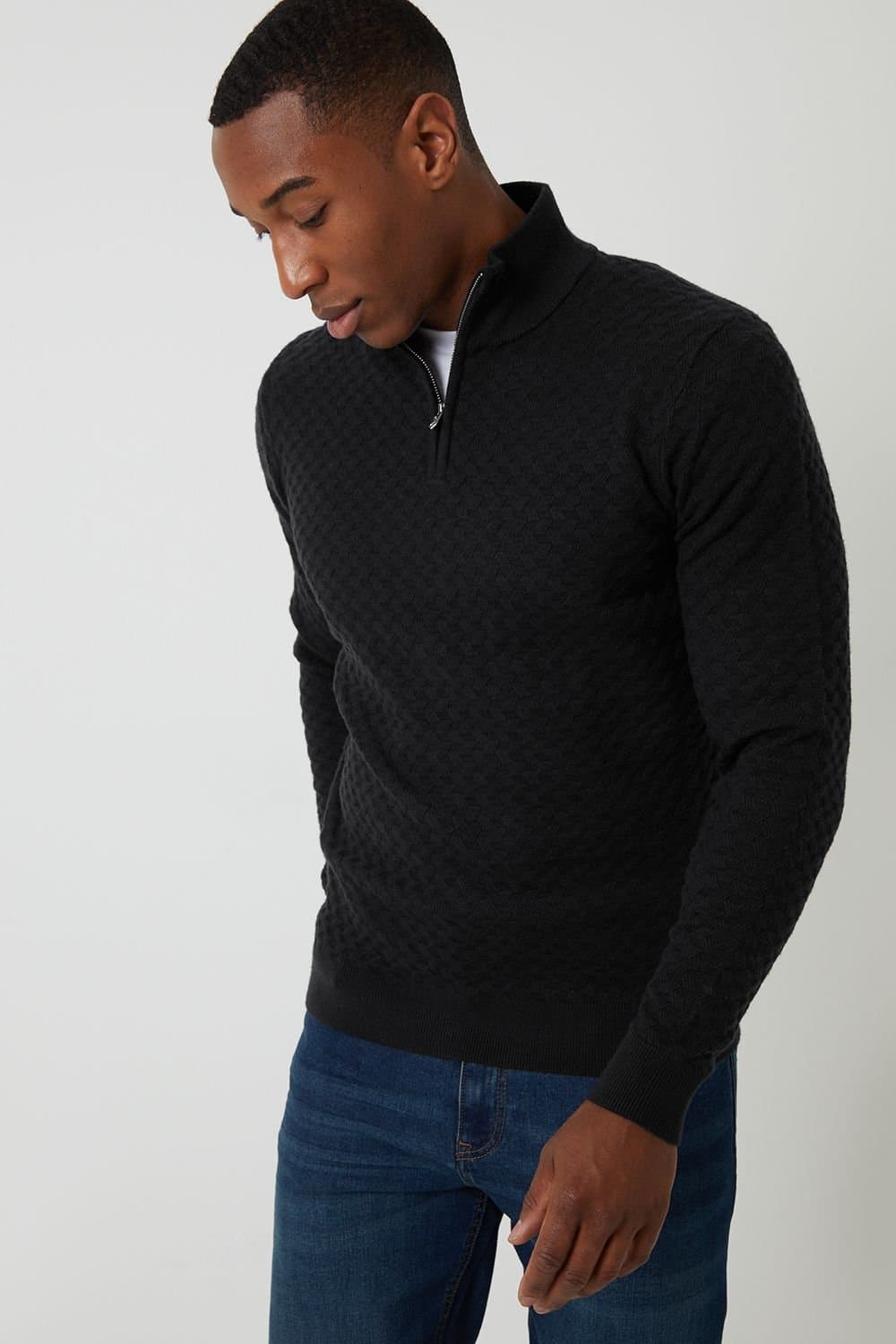 Threadbare Threadbare Men's Textured Cable Knit Quarter Zip Jumper in Black
