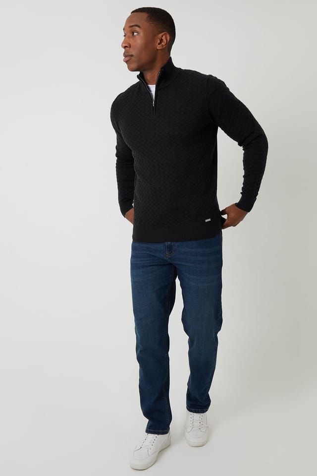 Threadbare Threadbare Men's Textured Cable Knit Quarter Zip Jumper in Black - 3