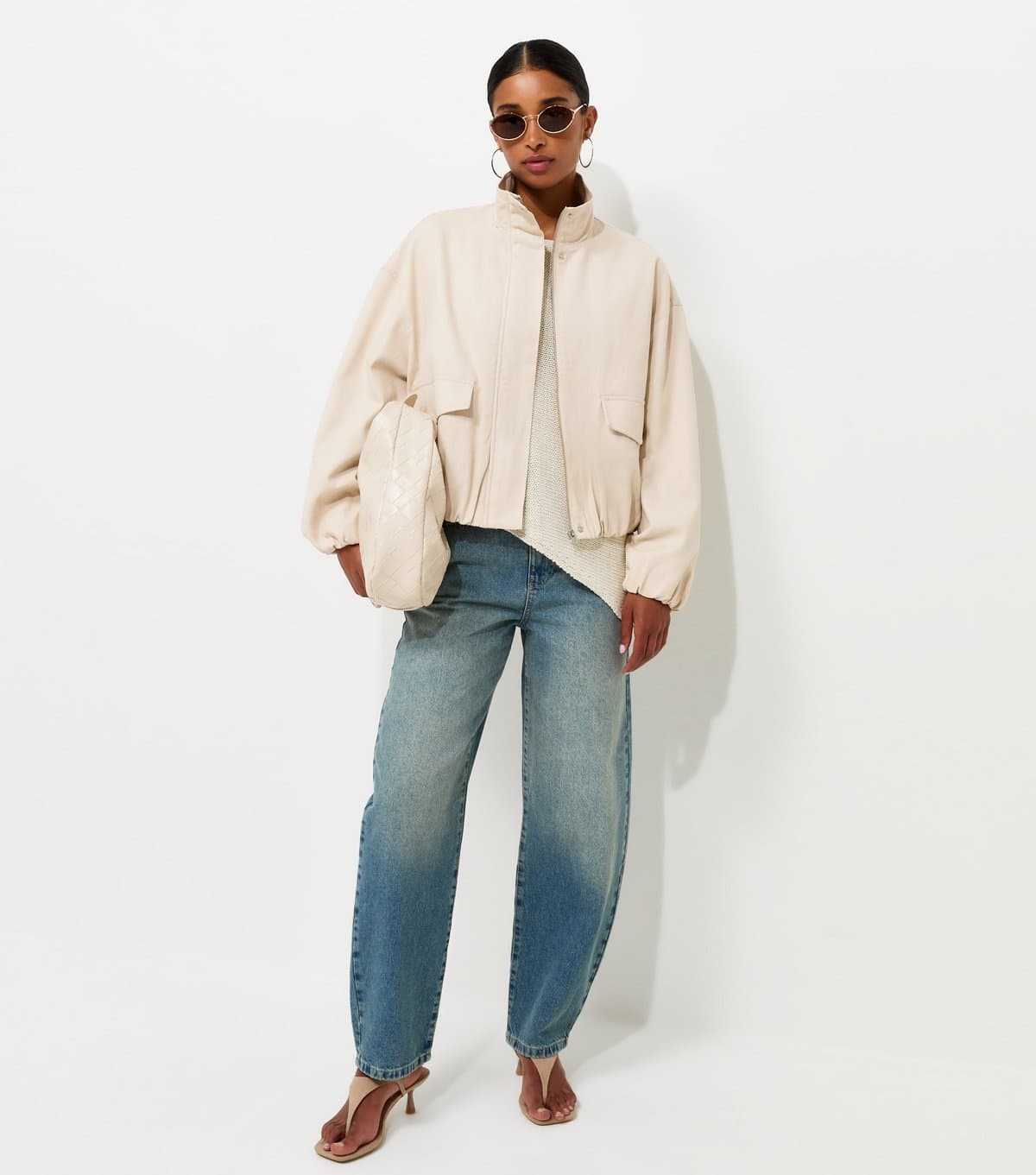 New Look Women's Stone Cotton Funnel Neck Bubble Hem Short Jacket New Look