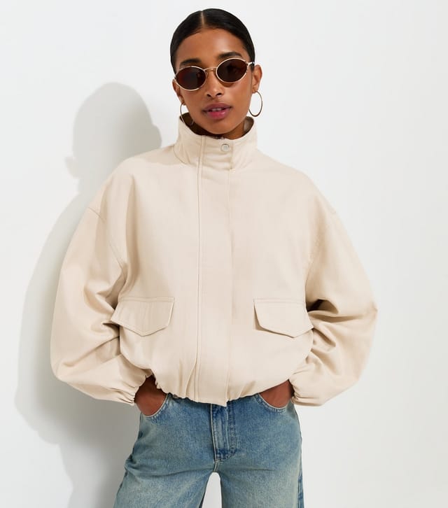 New Look Women's Stone Cotton Funnel Neck Bubble Hem Short Jacket New Look - 3