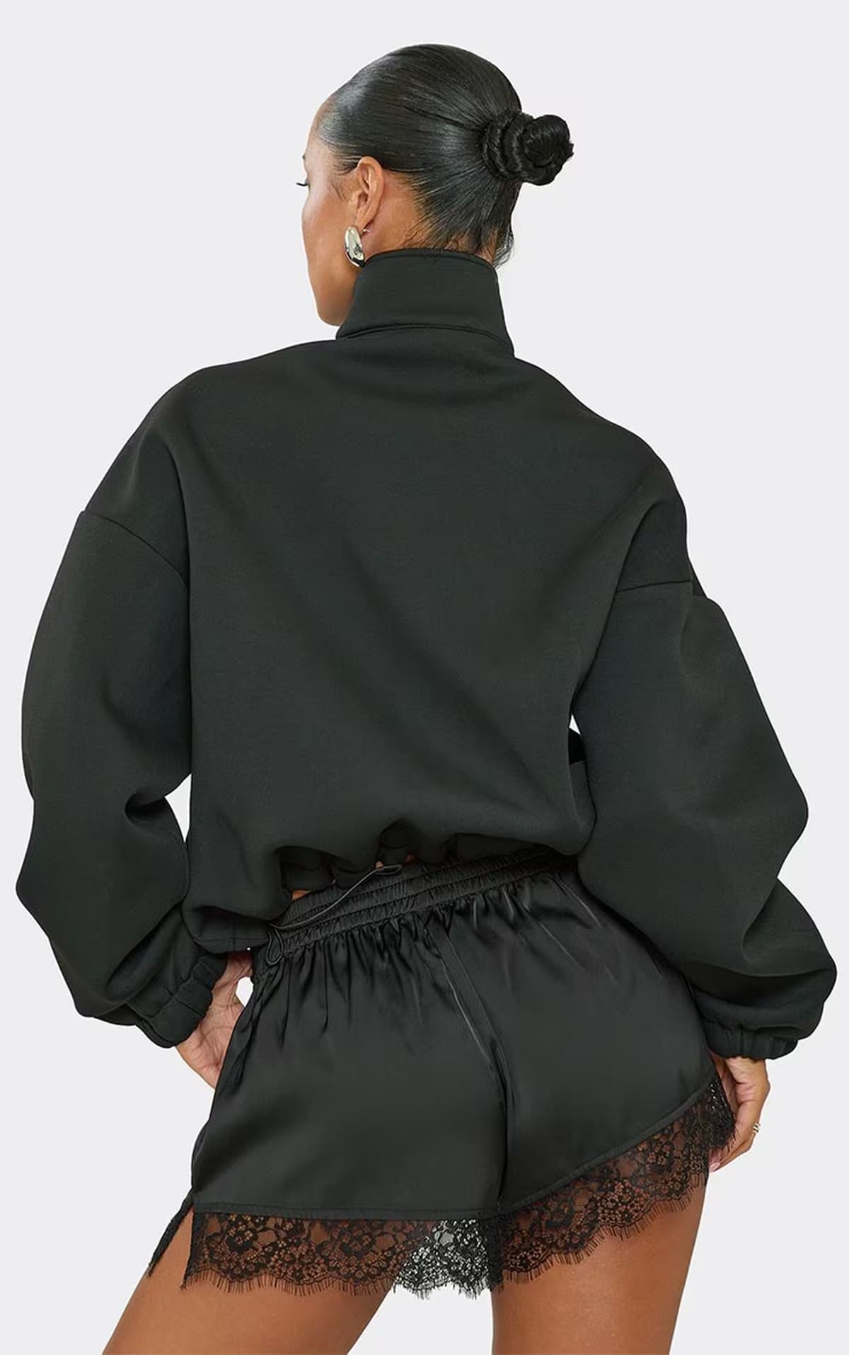 EGO Long Sleeve High Neck Popper Front Oversized Scuba Jacket In Black, Women's Size UK 6