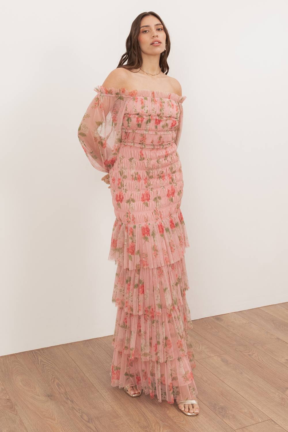 Anaya with Love Anaya with Love Women's Floral Long Sleeve Bardot Maxi Dress in Pink - 2