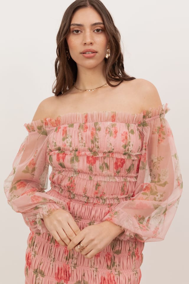Anaya with Love Anaya with Love Women's Floral Long Sleeve Bardot Maxi Dress in Pink - 3