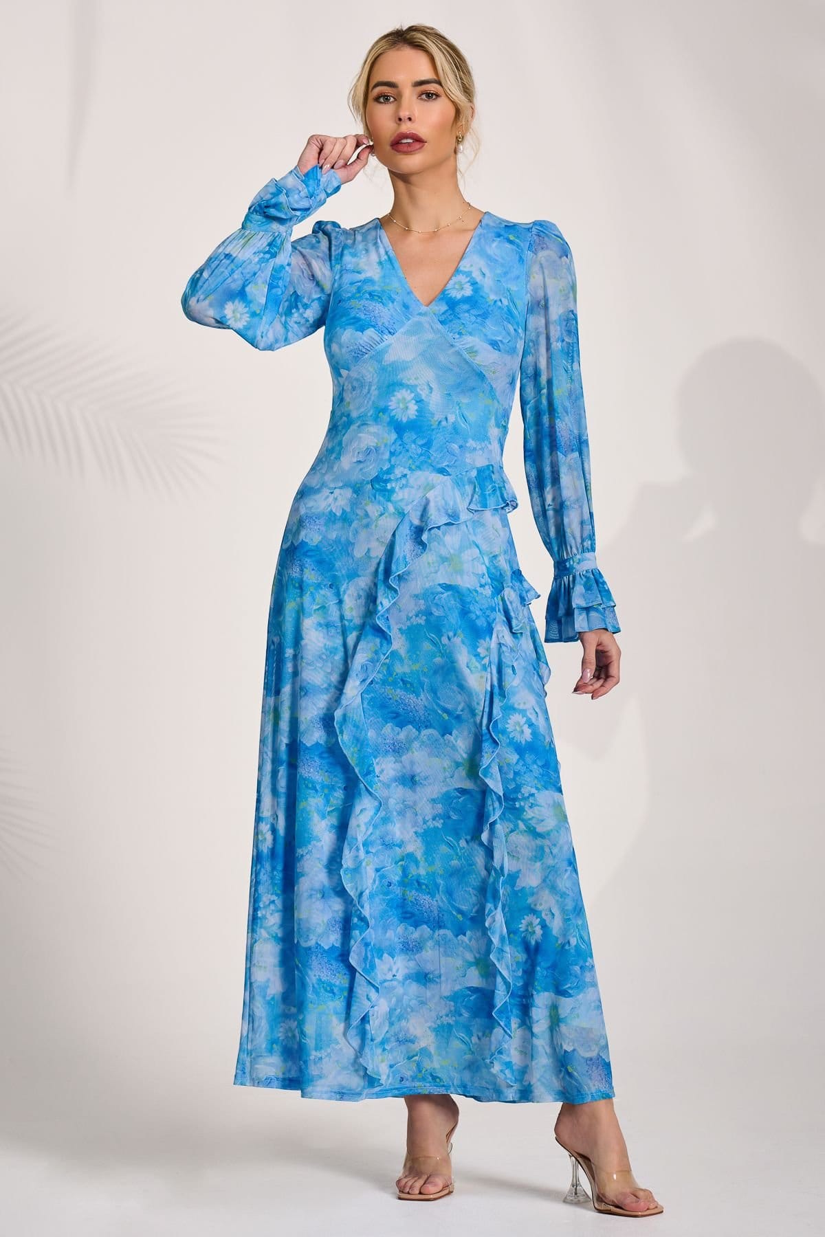 Jolie Moi Jolie Moi Women's Long Sleeve Ruffle Mesh Maxi Dress in Blue - 1