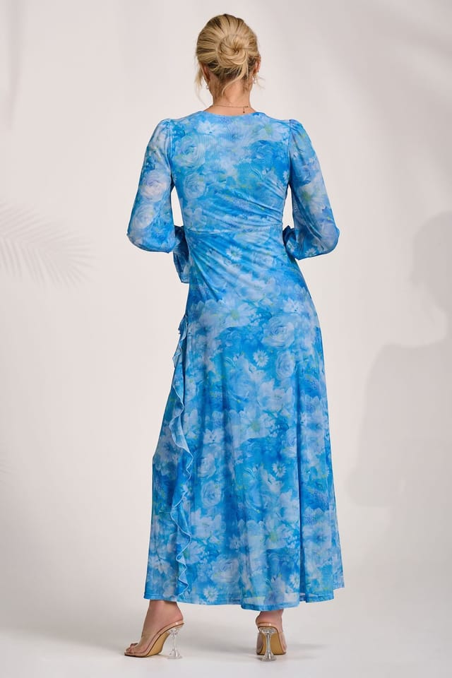 Jolie Moi Jolie Moi Women's Long Sleeve Ruffle Mesh Maxi Dress in Blue - 2