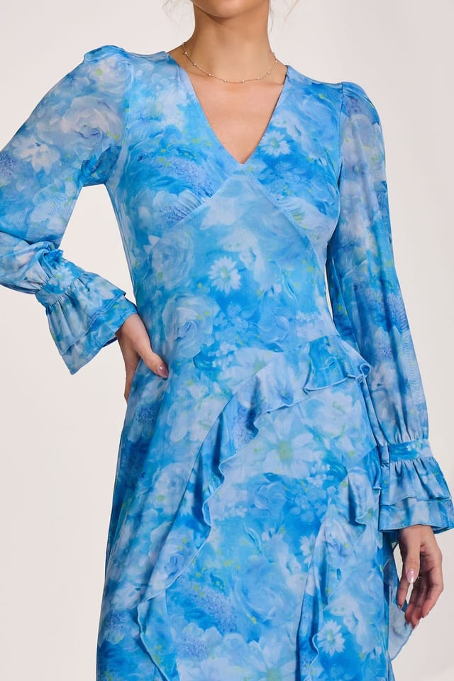 Jolie Moi Jolie Moi Women's Long Sleeve Ruffle Mesh Maxi Dress in Blue - 3