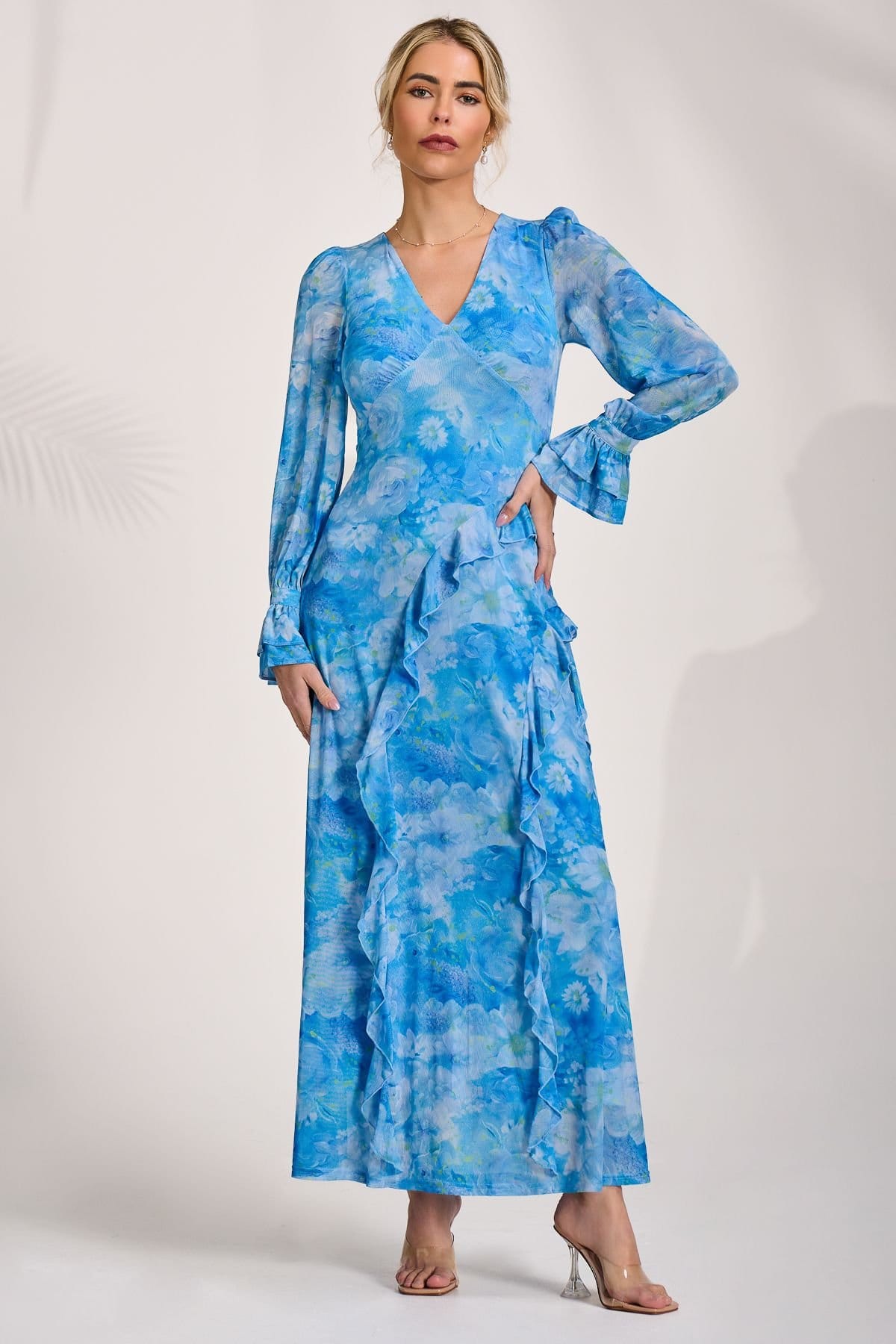 Jolie Moi Jolie Moi Women's Long Sleeve Ruffle Mesh Maxi Dress in Blue - 4