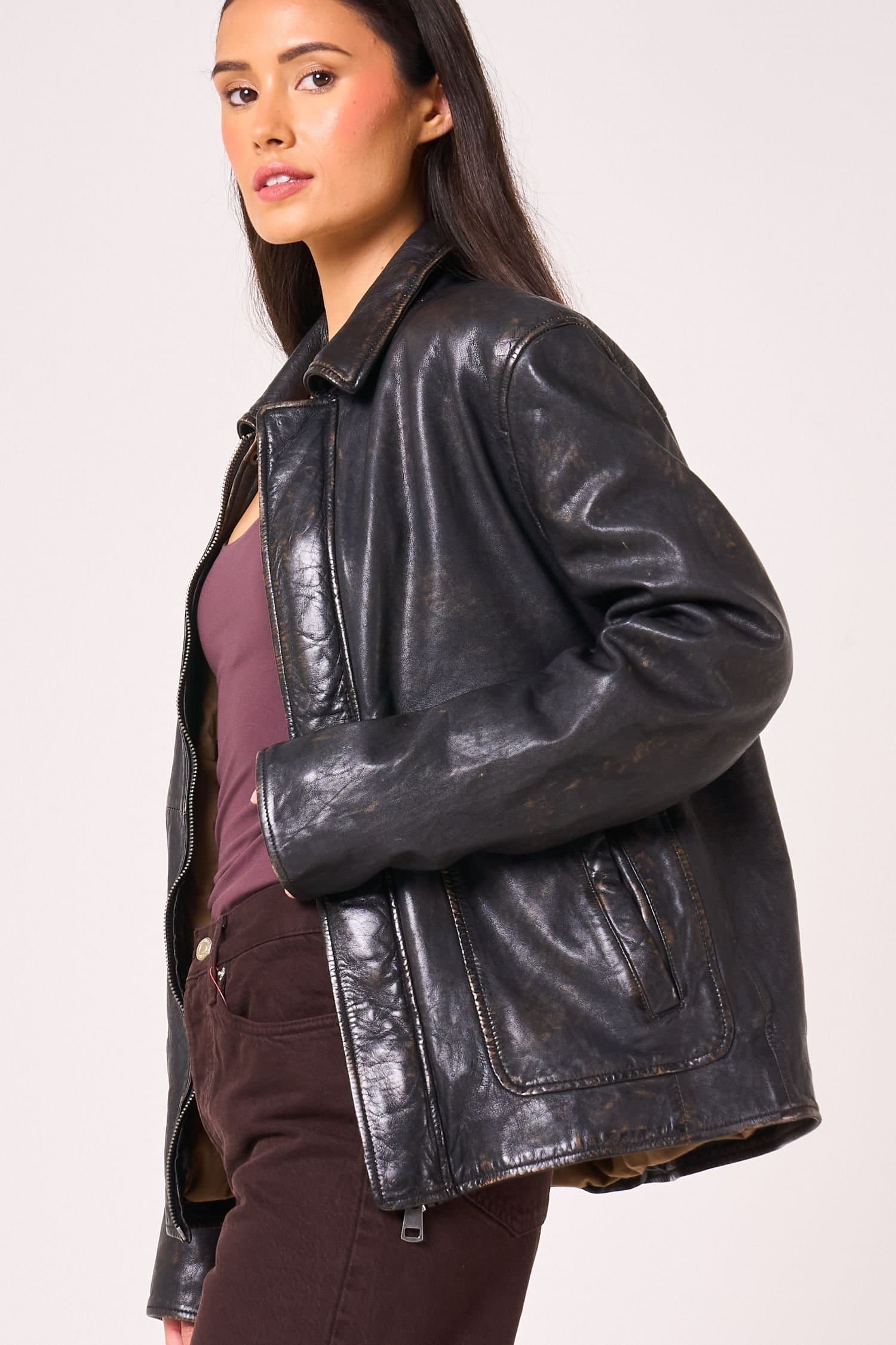 Barneys Originals Barneys Originals Women's Vintage Washed Real Leather Oversized Jacket in Black