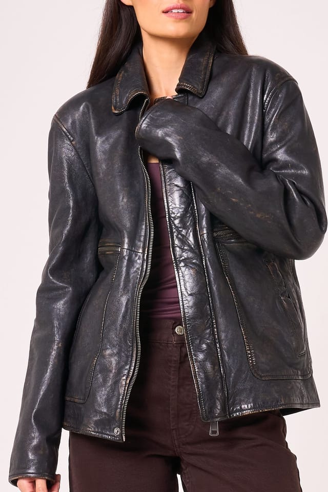 Barneys Originals Barneys Originals Women's Vintage Washed Real Leather Oversized Jacket in Black - 3
