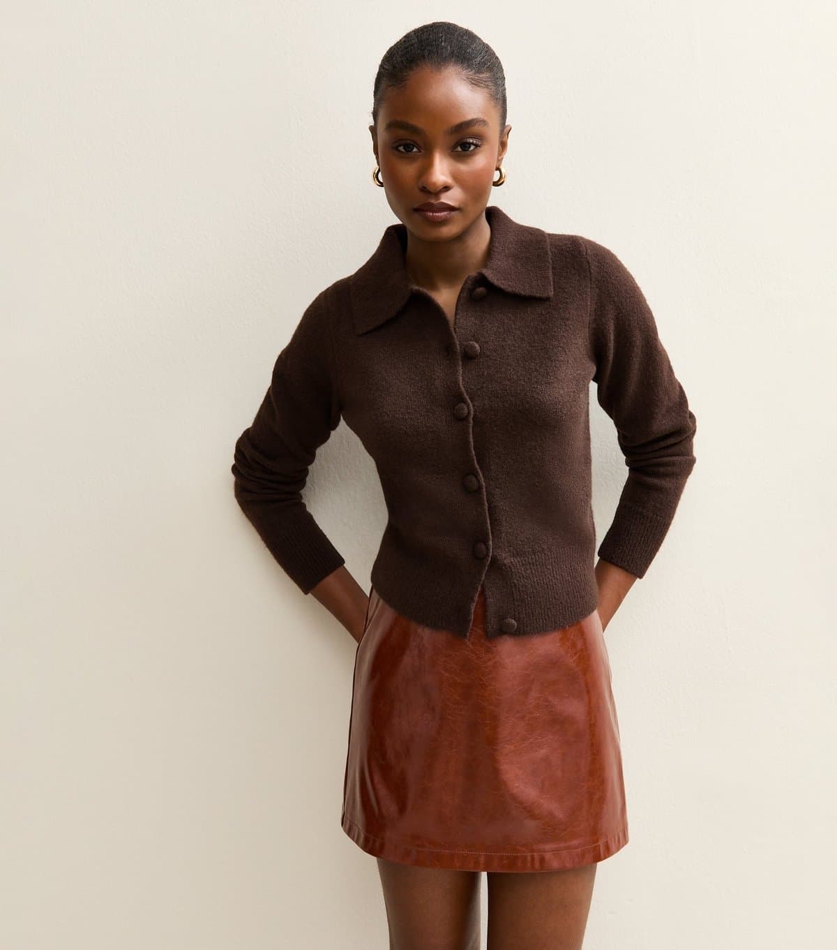 New Look Women's Dark Brown Midweight Knit Collared Cardigan New Look