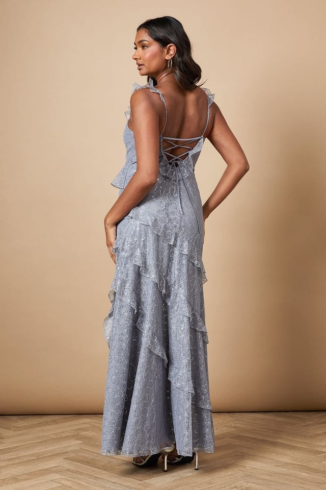 Oasis Oasis Women's Sequin Lace Ruffle Detail Midaxi Dress in Slate Grey - 3