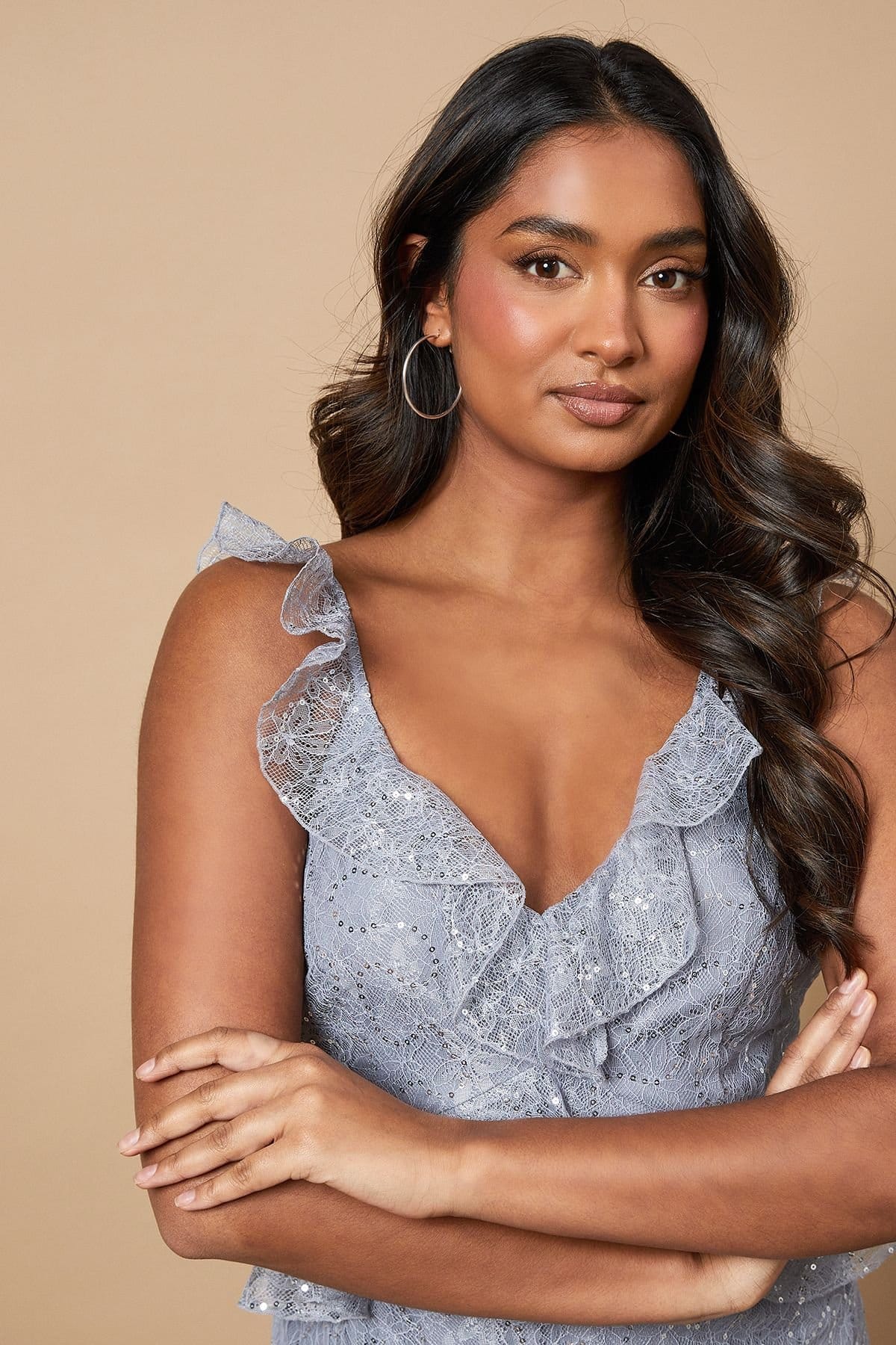 Oasis Oasis Women's Sequin Lace Ruffle Detail Midaxi Dress in Slate Grey - 4