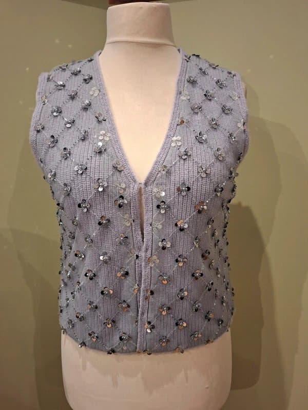 Zara ZARA Lilac Crochet Knitted Vest Waistcoat Top Sparkly Silver Sequin Size L New