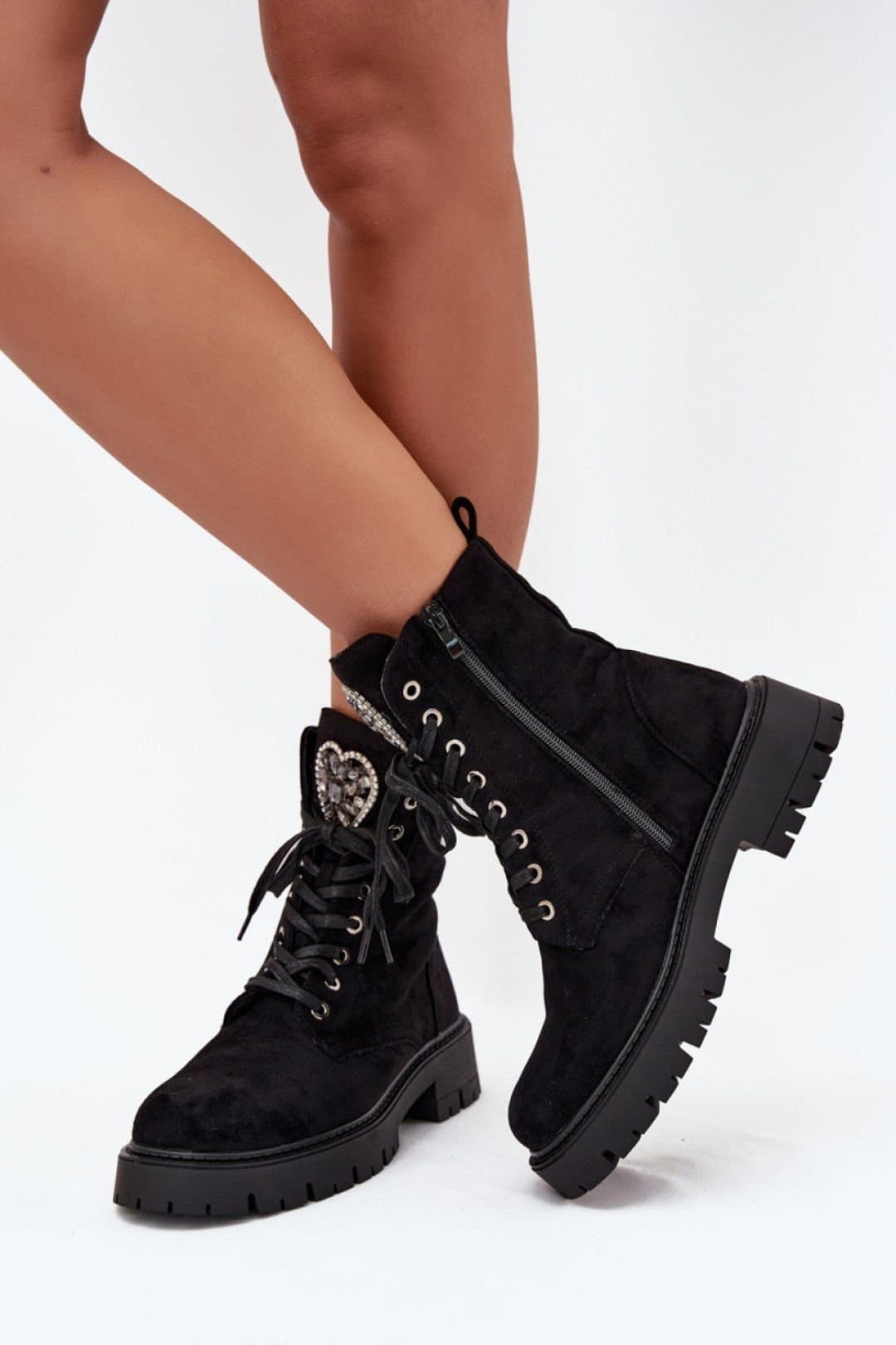 Love Lace Love Lace Women's Ankle Fur Lined Lace Up Boots with Side Zip Platform Heel in Black