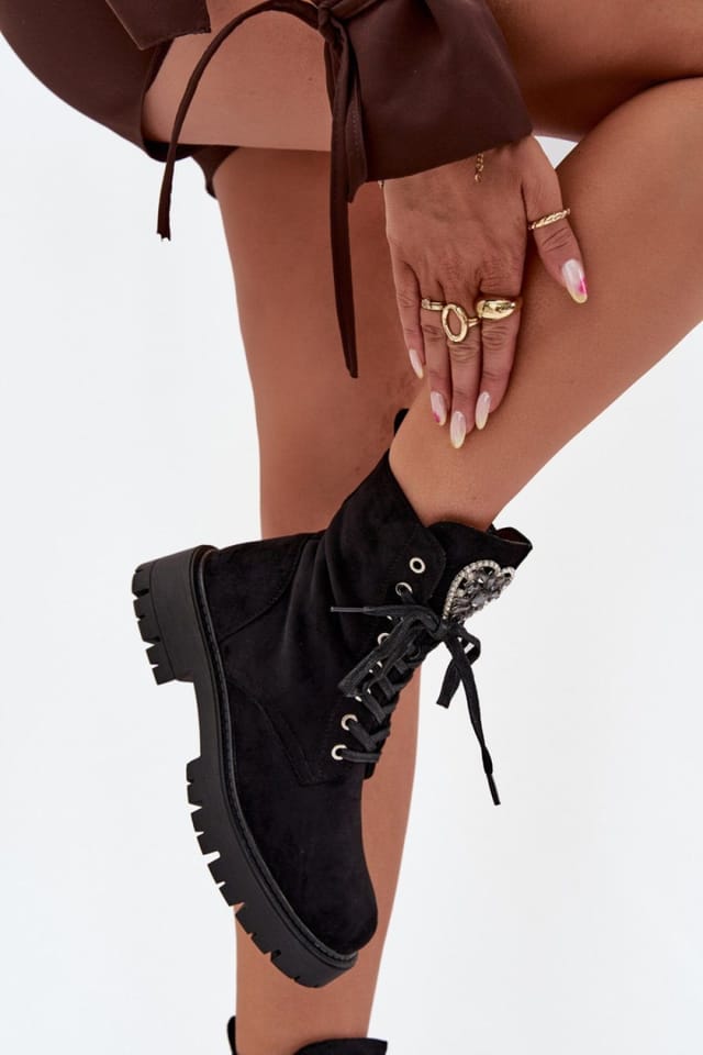 Love Lace Love Lace Women's Ankle Fur Lined Lace Up Boots with Side Zip Platform Heel in Black - 3