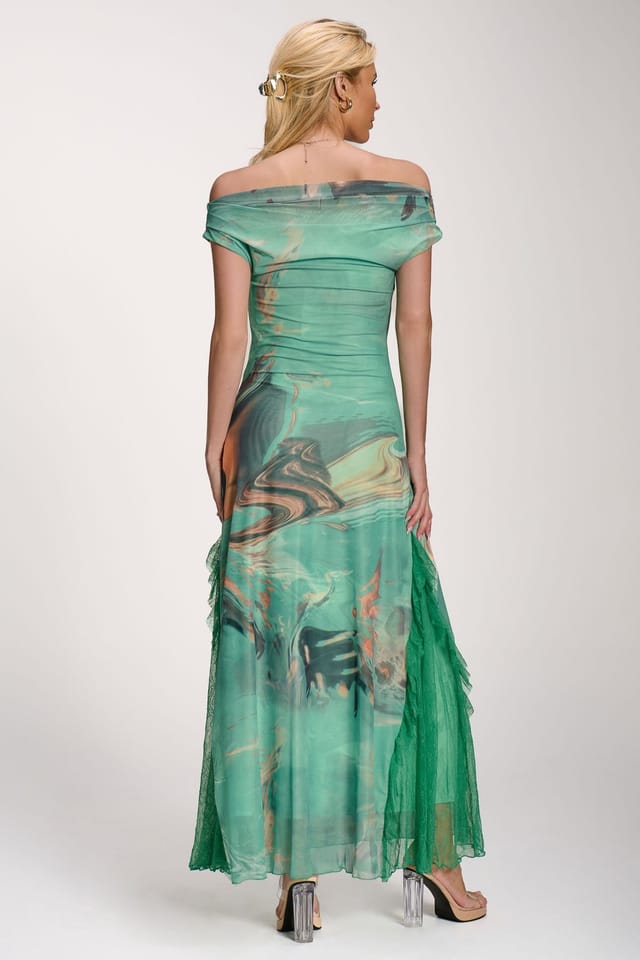 Jolie Moi Jolie Moi Women's Lace Insert Ruched Mesh Maxi Dress - 2