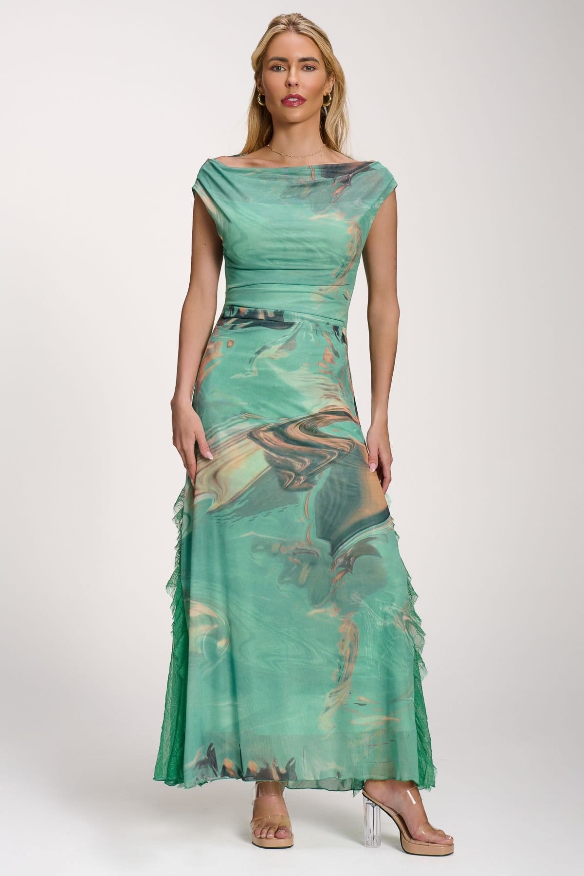 Jolie Moi Jolie Moi Women's Lace Insert Ruched Mesh Maxi Dress - 4