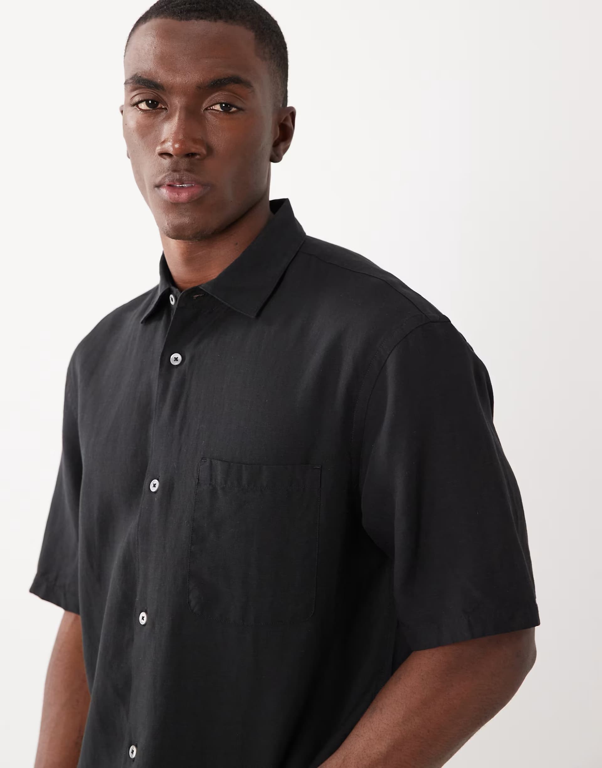 ASOS Mango linen mix high neck short sleeve shirt in black