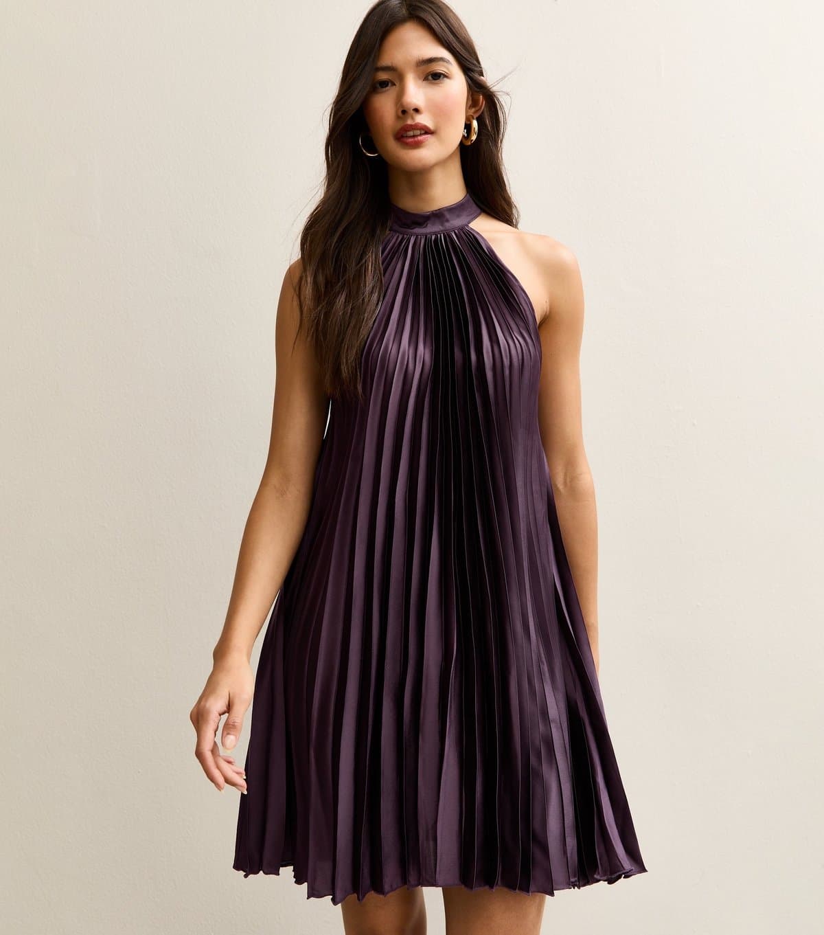New Look Women's Dark Burgundy Pleated Halterneck Mini Dress New Look