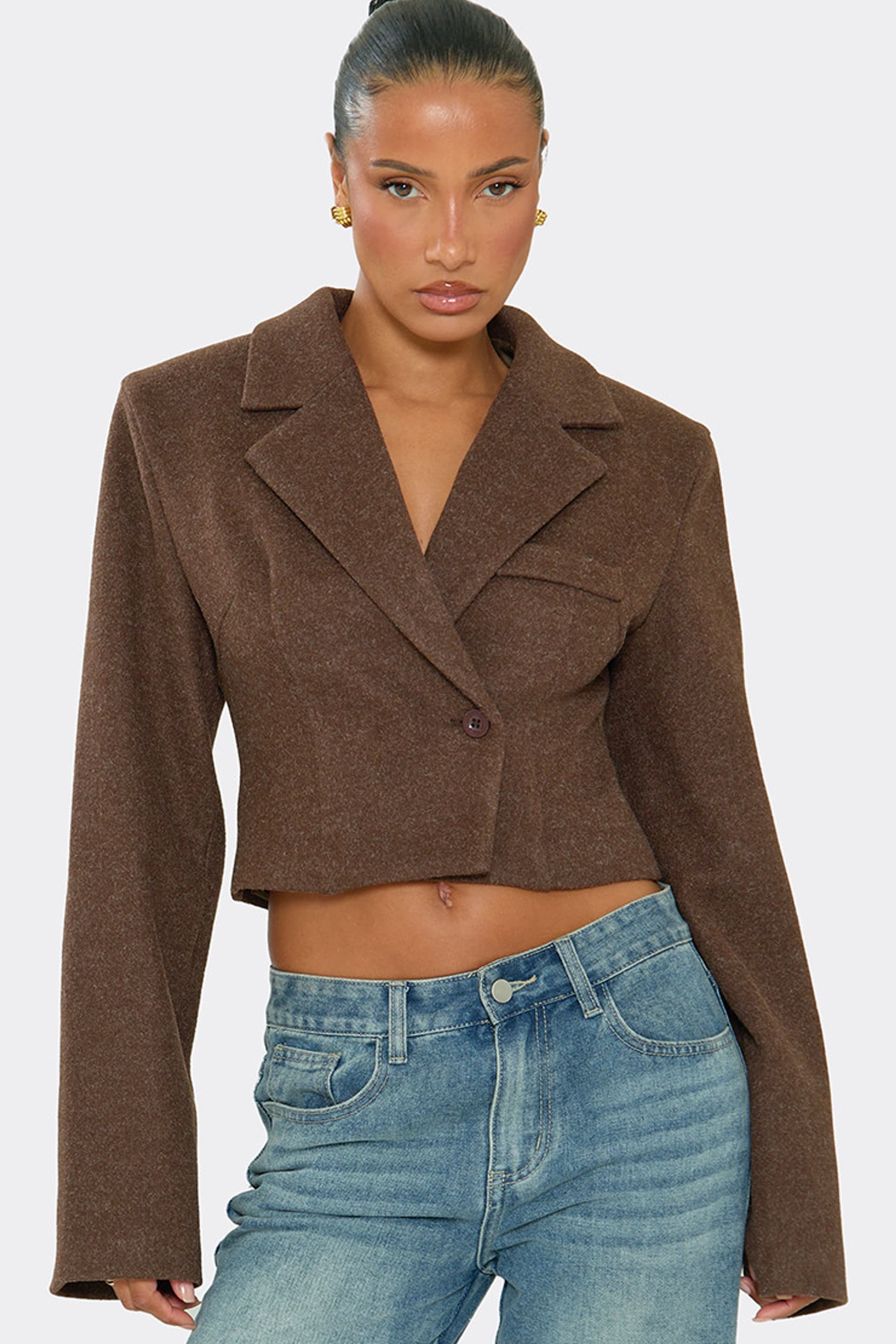 EGO EGO Women's Long Sleeve V-neck Wool Look Crop Blazer in Dark Brown