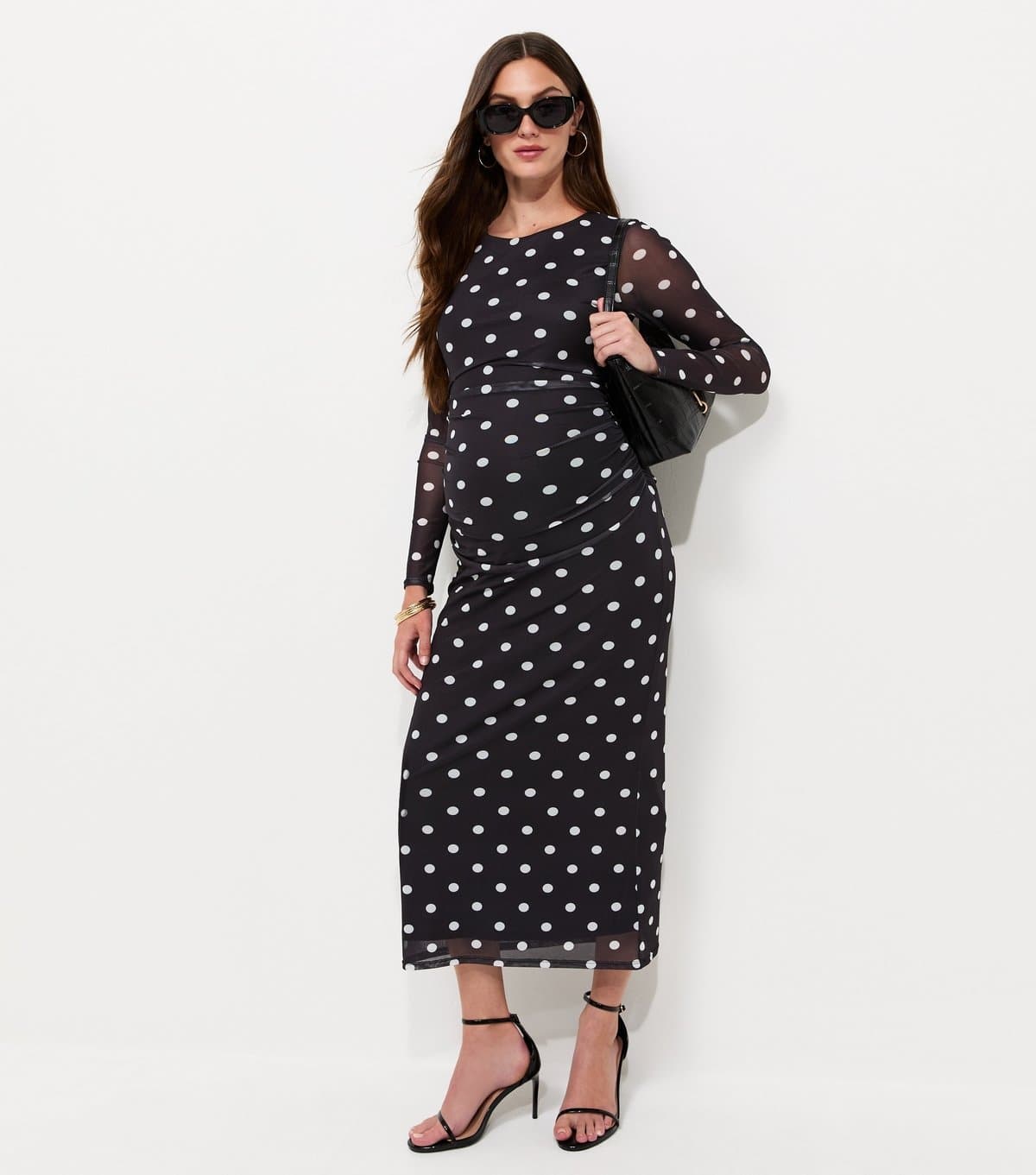 New Look Women's Maternity Black Spot Print Crew Neck Ruched Mesh Midi Dress New Look